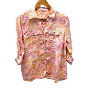 Charter Club Luxury Linen Button Front Roll Tab Sleeves Gold Tone Buttons S